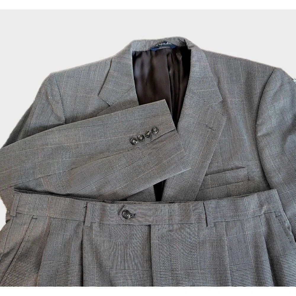 Vintage Burberrys Wool Suit SZ 46 Glen Plaid Windowpane USA Union Pleated Pants